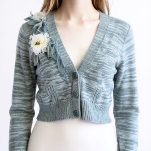 Anthro HWR Monogram Fringe Teal Green Cardigan Sweater - Flaw